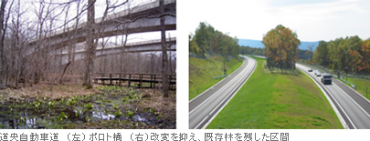 道央自動車道 (左)ポロト橋 (右)改変を抑え、既存林を残した区間