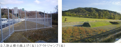 立入防止柵の嵩上げ（左）とアウトジャンプ（右）