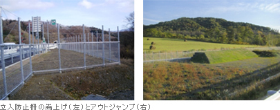 立入防止柵の嵩上げ(左)とアウトジャンプ(右)